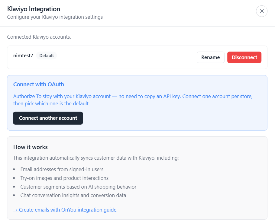 Klaviyo settings showing a connected default account and the option to connect another account with OAuth.