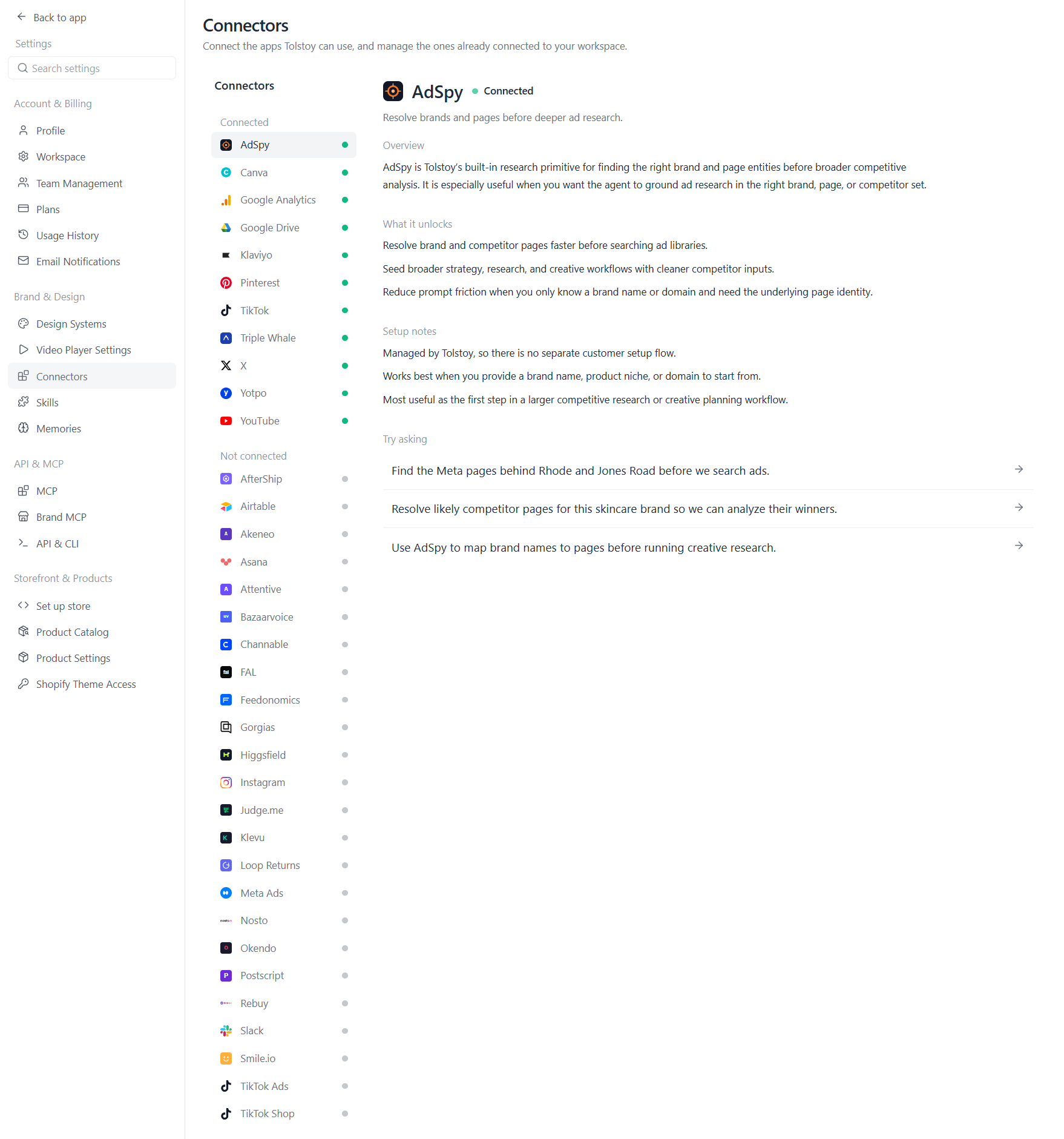 Tolstoy AI Studio connector catalogue with connected and available services.