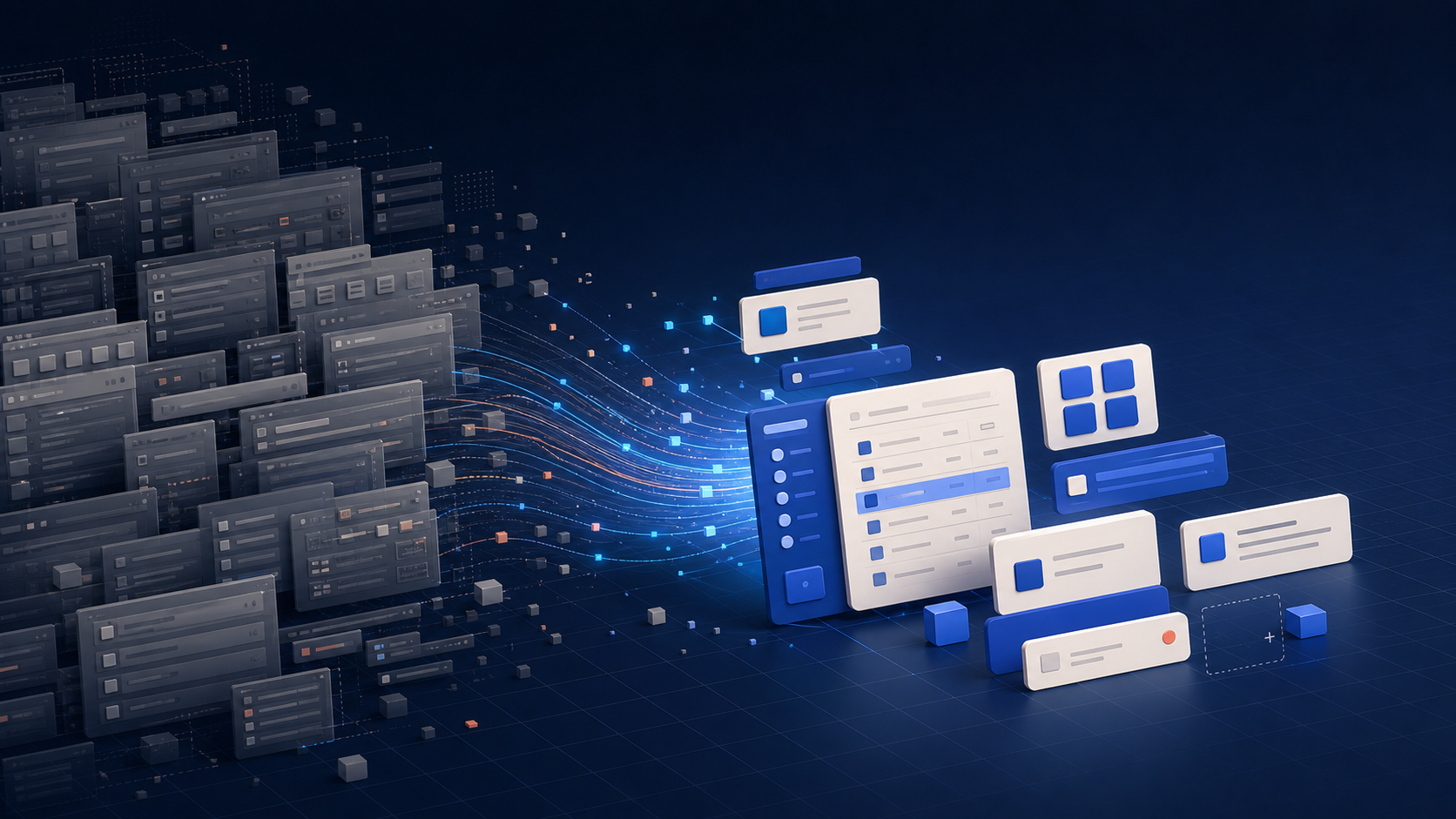 Abstract transition from a dense legacy interface to a clean component-based application on a deep blue background.